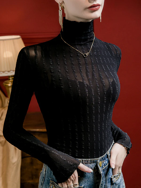 Long Sleeves Plus Size Jacquard See-Through Solid Color Split-Joint High Neck T-Shirts Tops - Image 3