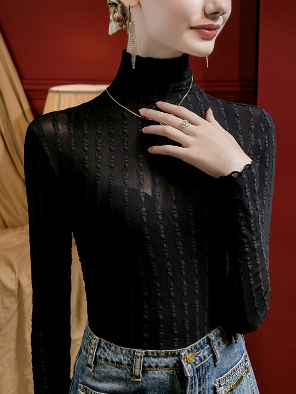 Long Sleeves Plus Size Jacquard See-Through Solid Color Split-Joint High Neck T-Shirts Tops - Image 4