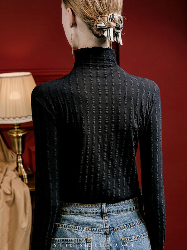 Long Sleeves Plus Size Jacquard See-Through Solid Color Split-Joint High Neck T-Shirts Tops - Image 6