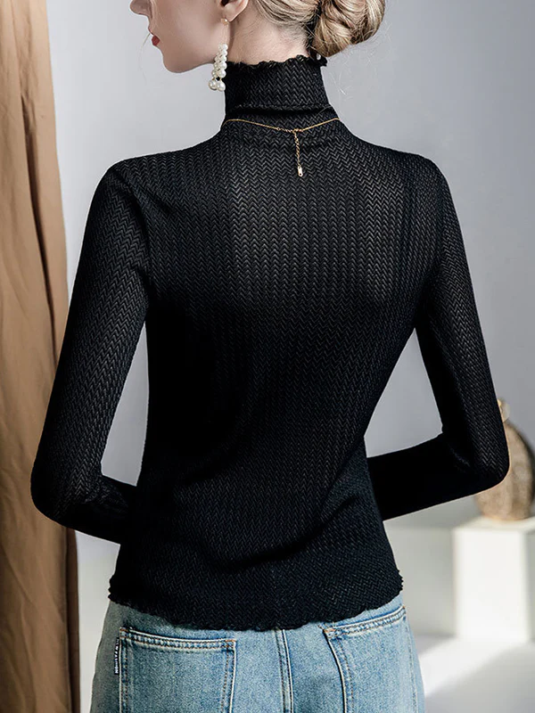Long Sleeves Plus Size Mesh See-Through Slightly Sheer Split-Joint High Neck T-Shirts - Image 10