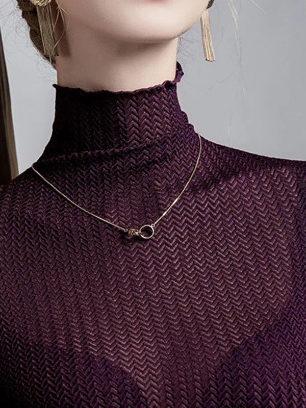 Long Sleeves Plus Size Mesh See-Through Slightly Sheer Split-Joint High Neck T-Shirts - Image 11