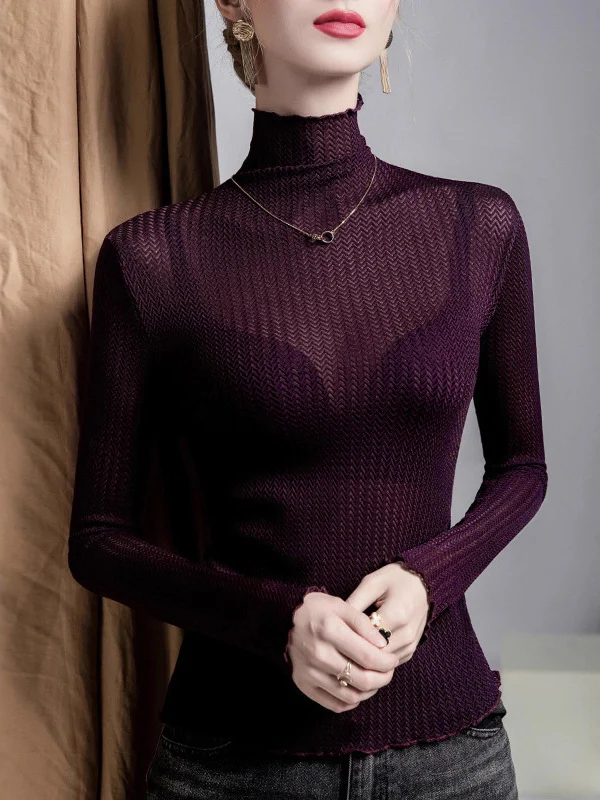 Long Sleeves Plus Size Mesh See-Through Slightly Sheer Split-Joint High Neck T-Shirts - Image 2