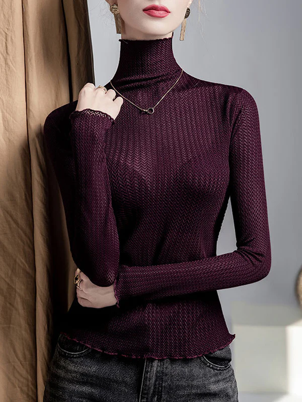 Long Sleeves Plus Size Mesh See-Through Slightly Sheer Split-Joint High Neck T-Shirts - Image 3