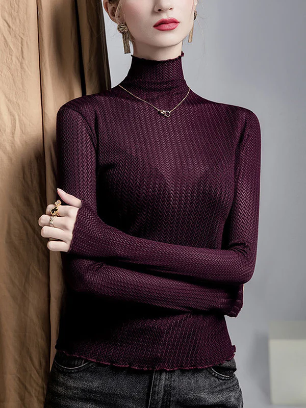 Long Sleeves Plus Size Mesh See-Through Slightly Sheer Split-Joint High Neck T-Shirts - Image 4