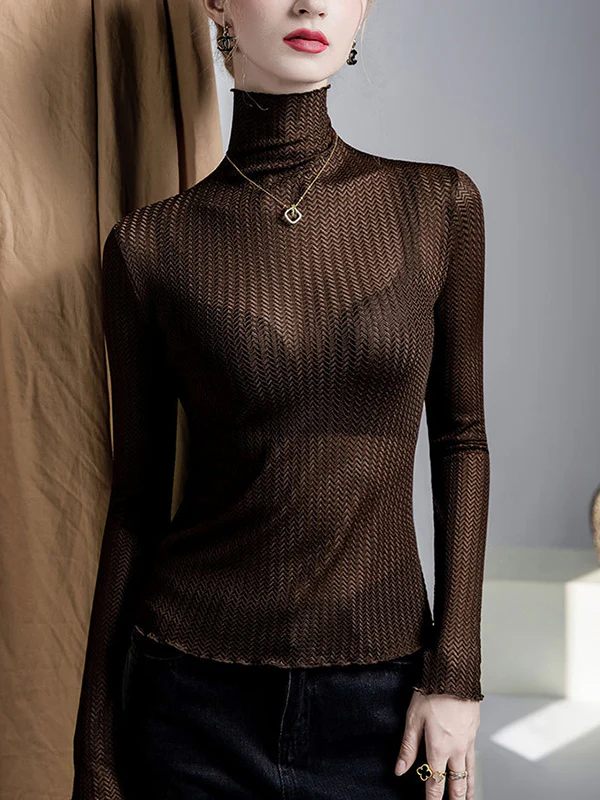 Long Sleeves Plus Size Mesh See-Through Slightly Sheer Split-Joint High Neck T-Shirts - Image 5