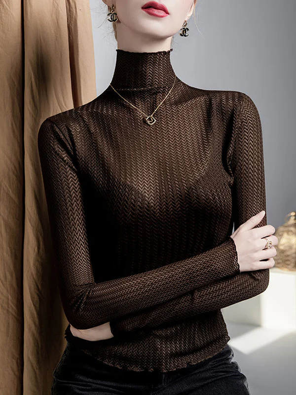 Long Sleeves Plus Size Mesh See-Through Slightly Sheer Split-Joint High Neck T-Shirts - Image 6
