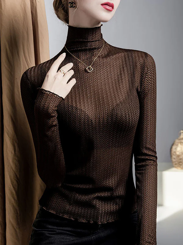 Long Sleeves Plus Size Mesh See-Through Slightly Sheer Split-Joint High Neck T-Shirts - Image 7