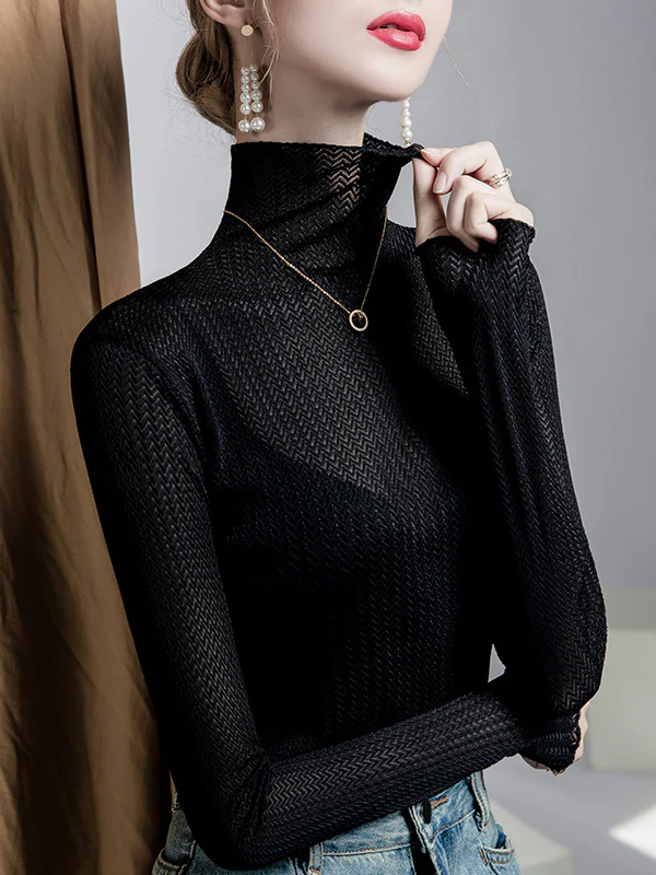 Long Sleeves Plus Size Mesh See-Through Slightly Sheer Split-Joint High Neck T-Shirts - Image 8