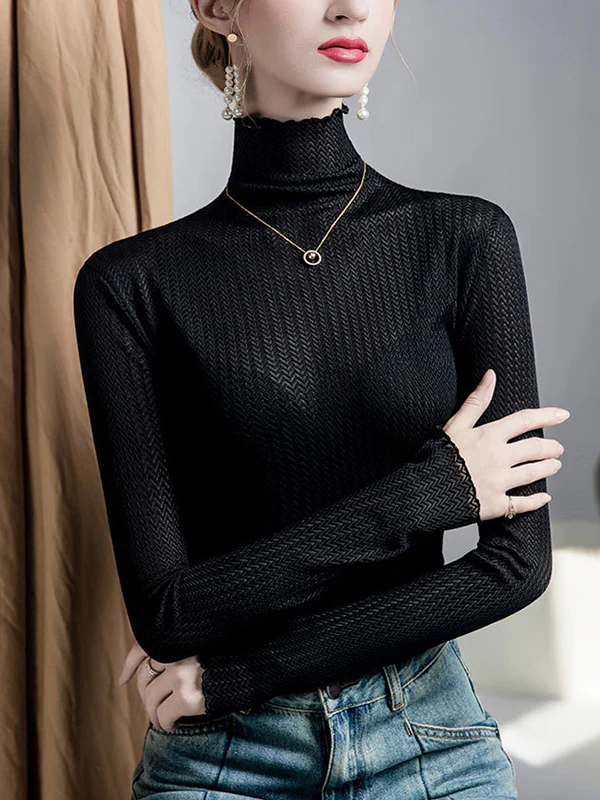 Long Sleeves Plus Size Mesh See-Through Slightly Sheer Split-Joint High Neck T-Shirts - Image 9