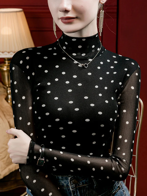 Long Sleeves Plus Size Polka-Dot Mock Neck T-Shirts Tops - Image 2