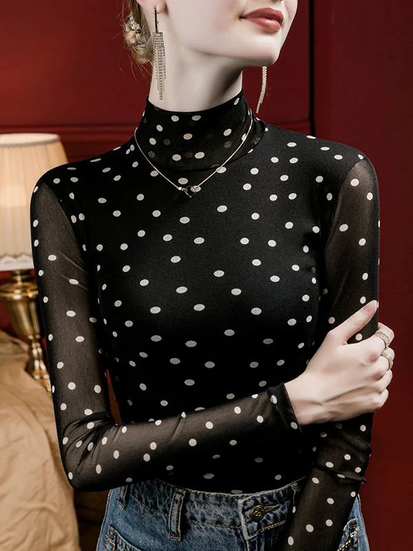 Long Sleeves Plus Size Polka-Dot Mock Neck T-Shirts Tops - Image 4