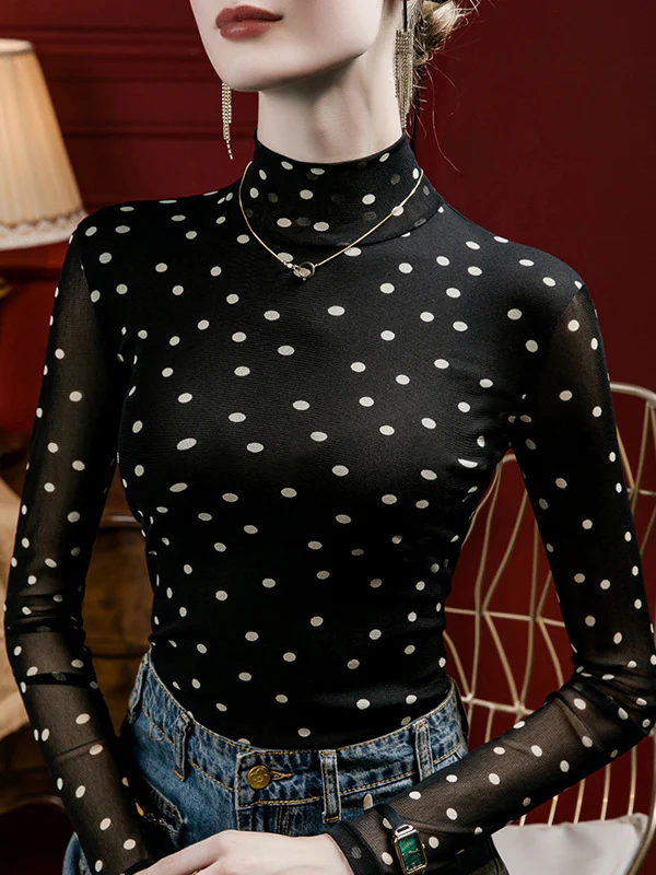 Long Sleeves Plus Size Polka-Dot Mock Neck T-Shirts Tops - Image 5
