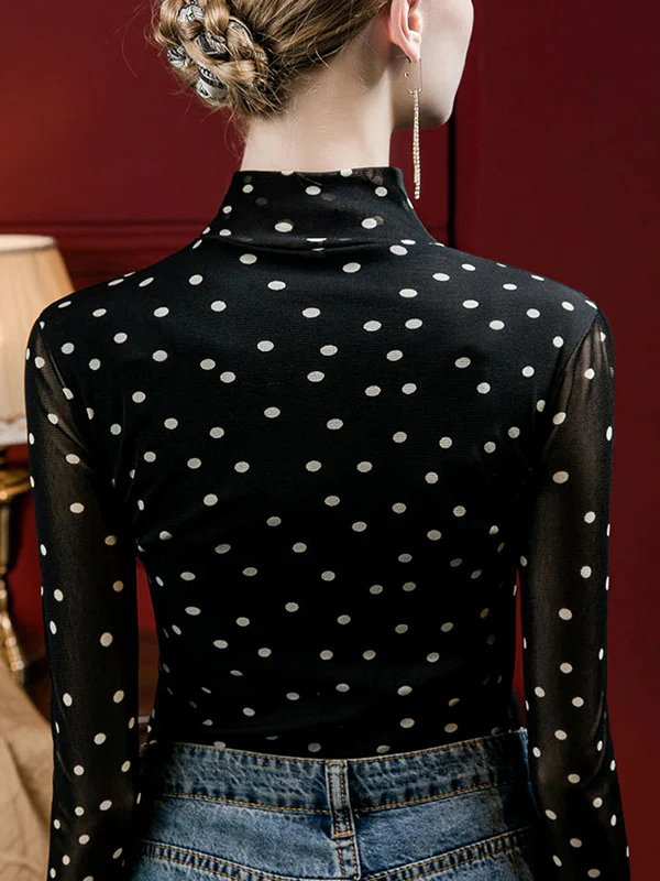 Long Sleeves Plus Size Polka-Dot Mock Neck T-Shirts Tops - Image 6