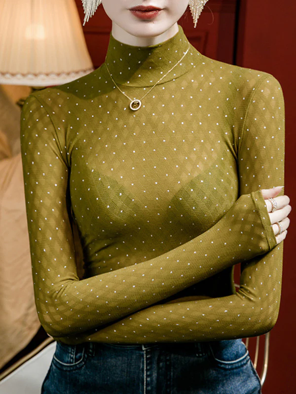 Long Sleeves Plus Size Rhine Stones See-Through Split-Joint Mock Neck T-Shirts Tops - Image 2