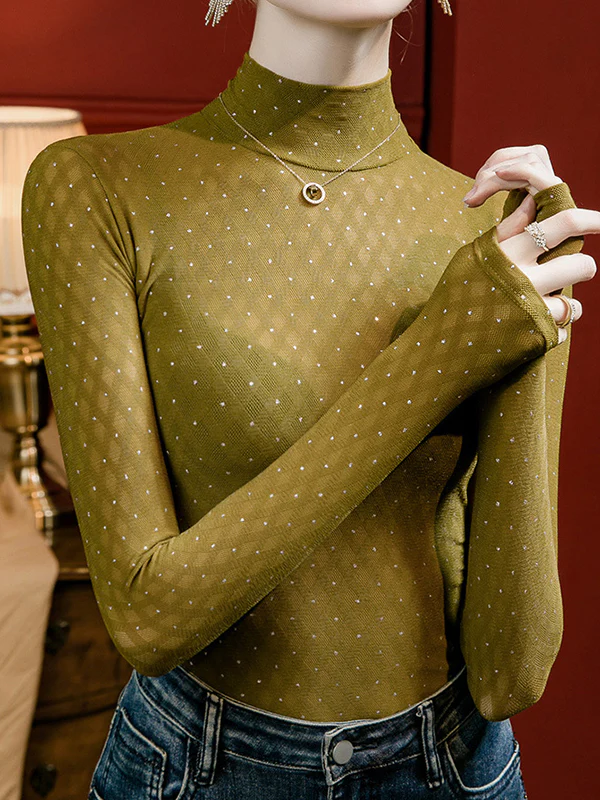 Long Sleeves Plus Size Rhine Stones See-Through Split-Joint Mock Neck T-Shirts Tops - Image 3