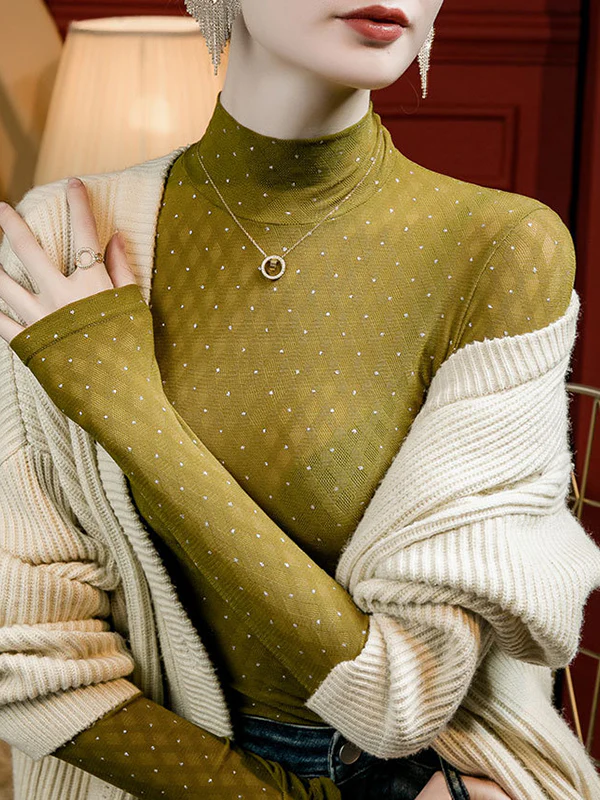 Long Sleeves Plus Size Rhine Stones See-Through Split-Joint Mock Neck T-Shirts Tops - Image 4