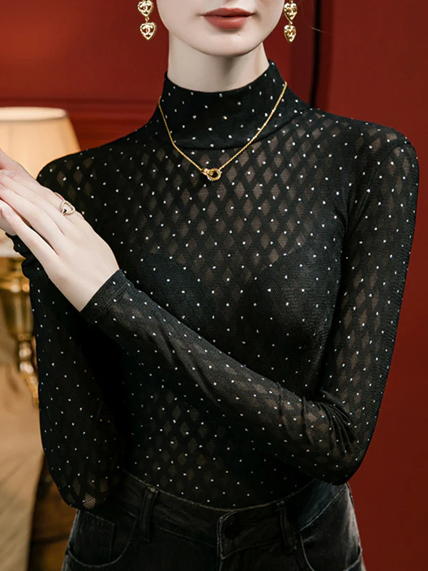 Long Sleeves Plus Size Rhine Stones See-Through Split-Joint Mock Neck T-Shirts Tops - Image 5