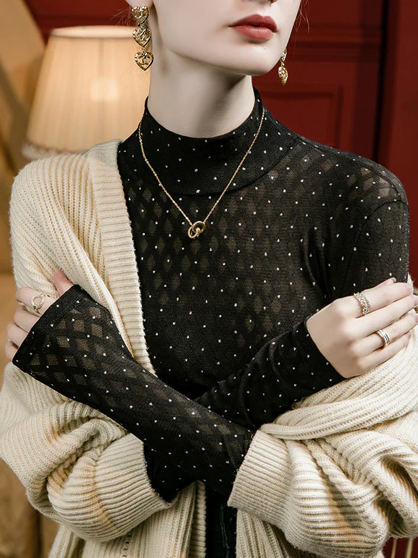 Long Sleeves Plus Size Rhine Stones See-Through Split-Joint Mock Neck T-Shirts Tops - Image 6