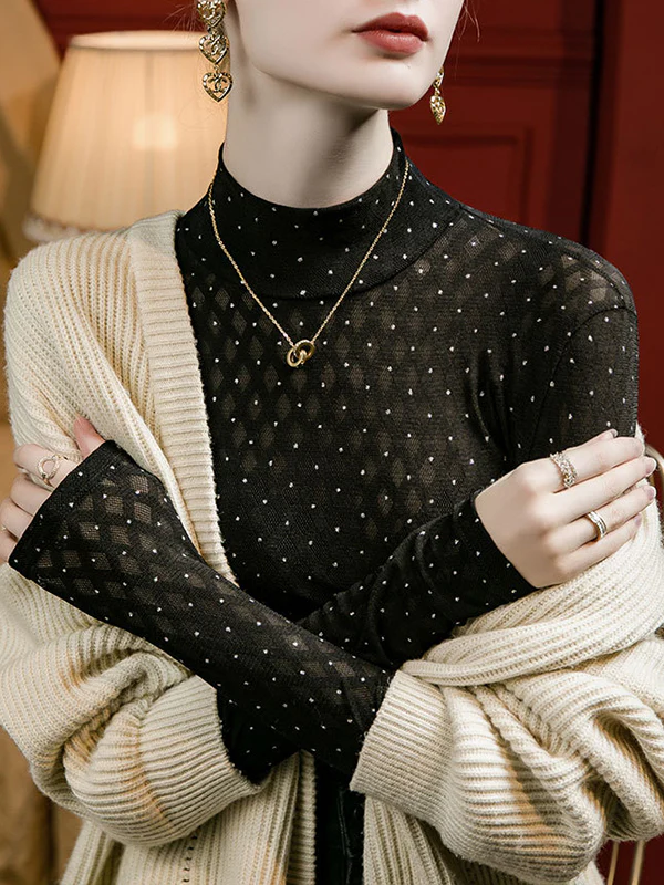 Long Sleeves Plus Size Rhine Stones See-Through Split-Joint Mock Neck T-Shirts Tops - Image 7
