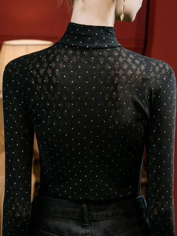 Long Sleeves Plus Size Rhine Stones See-Through Split-Joint Mock Neck T-Shirts Tops - Image 8