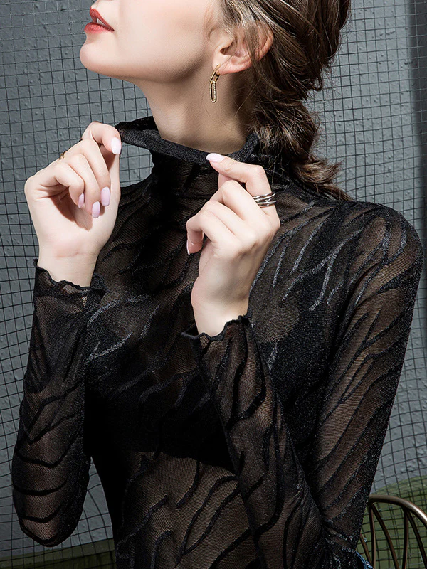 Long Sleeves Plus Size See-Through Solid Color High Neck T-Shirts Tops - Image 2