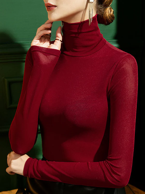 Long Sleeves Plus Size See-Through Solid Color Split-Joint High Neck T-Shirts - Image 4