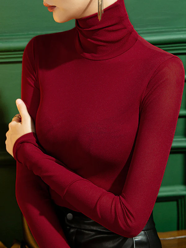 Long Sleeves Plus Size See-Through Solid Color Split-Joint High Neck T-Shirts - Image 5