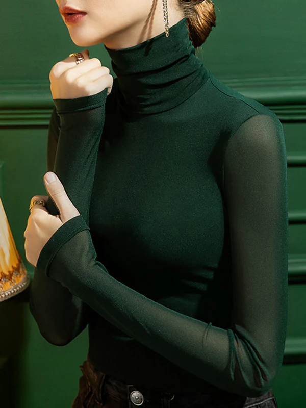 Long Sleeves Plus Size See-Through Solid Color Split-Joint High Neck T-Shirts - Image 8