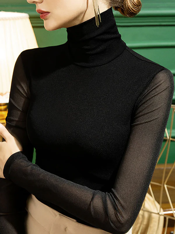 Long Sleeves Plus Size See-Through Solid Color Split-Joint High Neck T-Shirts - Image 9