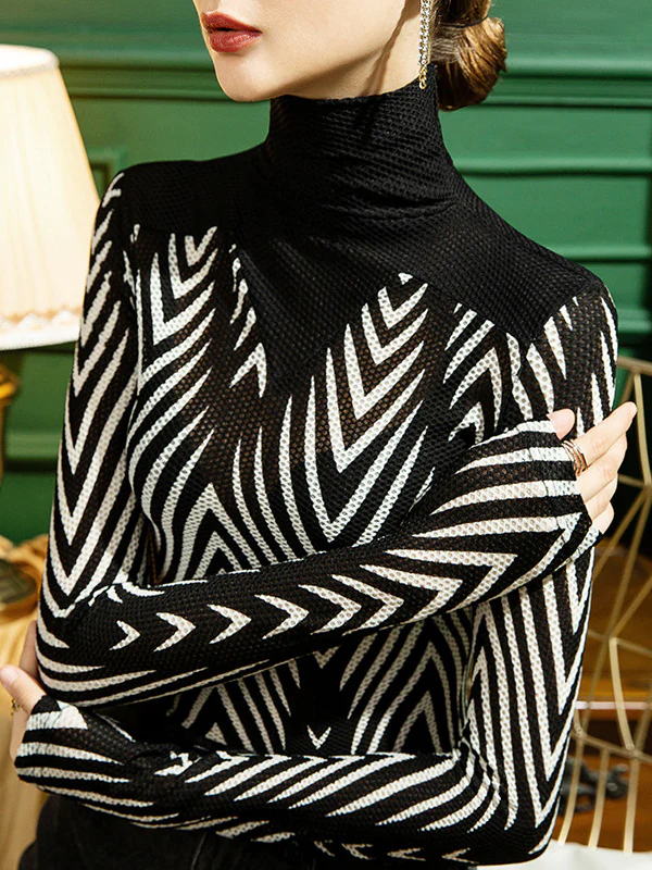 Long Sleeves Plus Size See-Through Split-Joint High Neck T-Shirts - Image 3