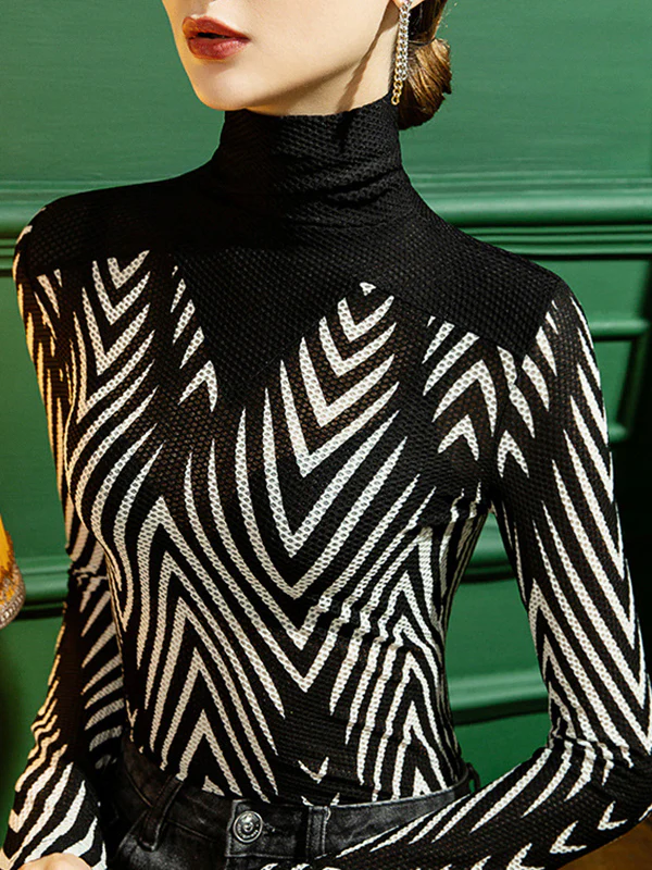 Long Sleeves Plus Size See-Through Split-Joint High Neck T-Shirts - Image 5