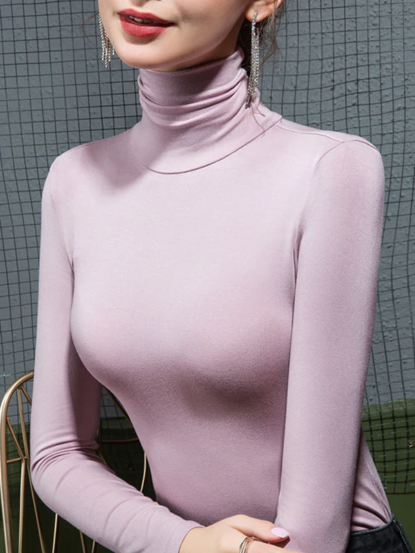 Long Sleeves Plus Size Solid Color Split-Joint High Neck T-Shirts - Image 11