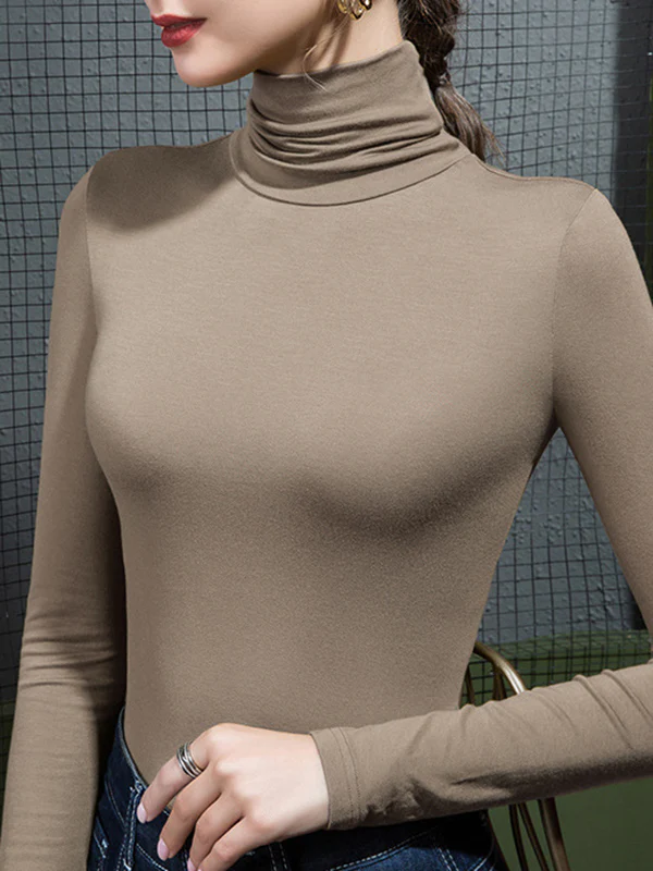 Long Sleeves Plus Size Solid Color Split-Joint High Neck T-Shirts - Image 13