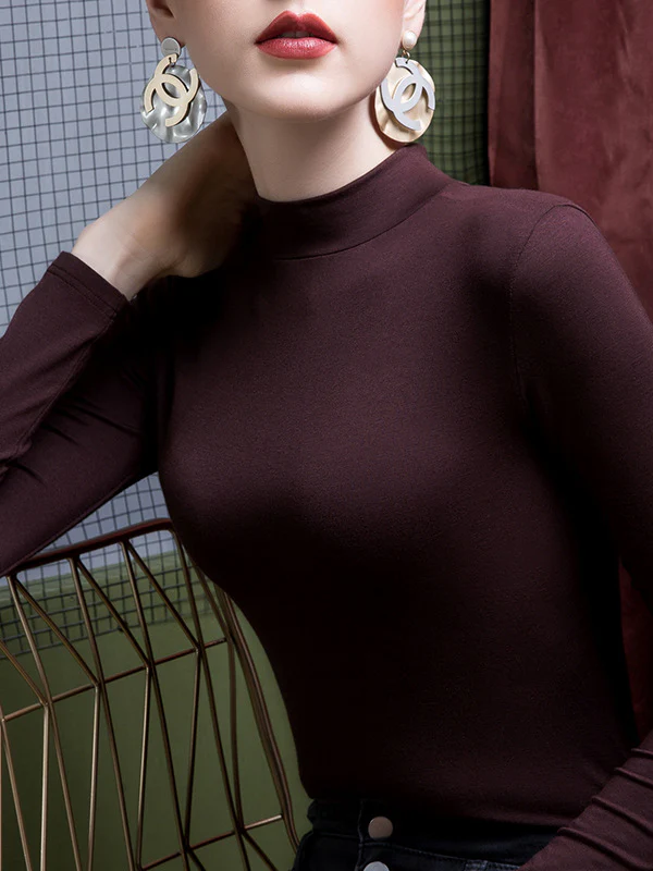 Long Sleeves Plus Size Solid Color Split-Joint High Neck T-Shirts - Image 16