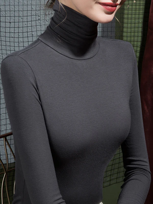 Long Sleeves Plus Size Solid Color Split-Joint High Neck T-Shirts - Image 18