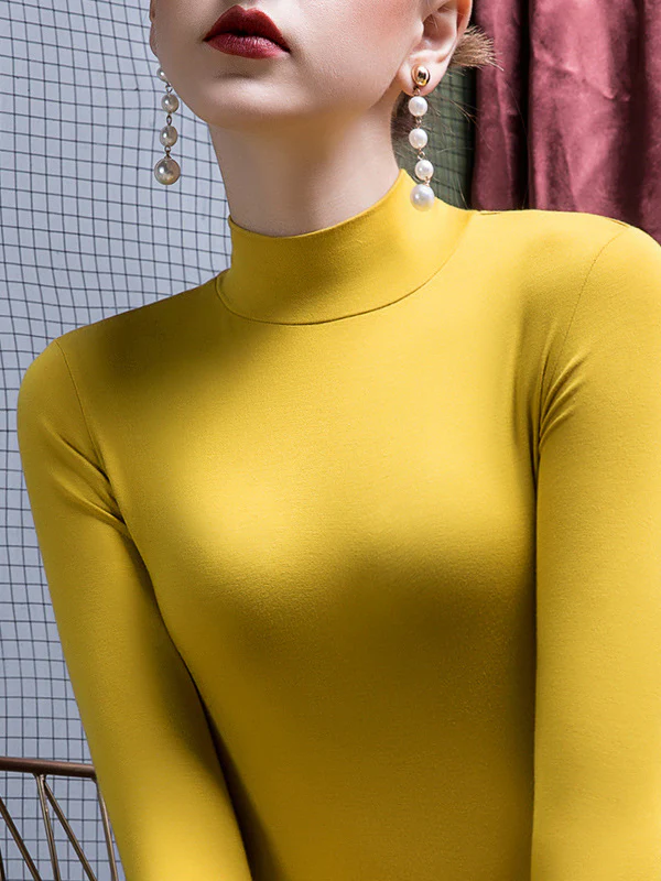 Long Sleeves Plus Size Solid Color Split-Joint High Neck T-Shirts - Image 4