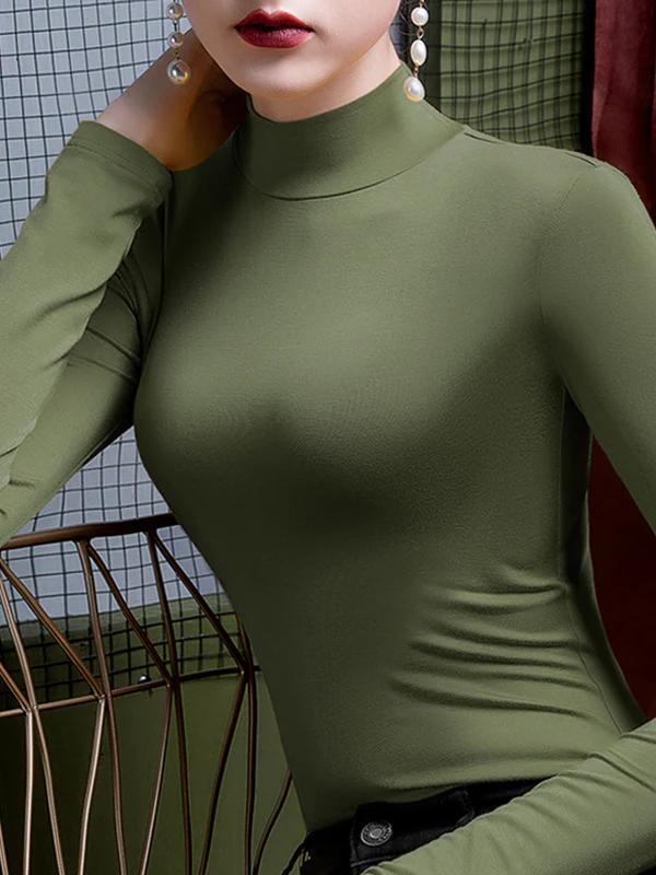 Long Sleeves Plus Size Solid Color Split-Joint High Neck T-Shirts - Image 6