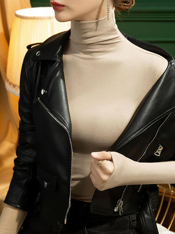 Long Sleeves Plus Size Solid Color Split-Joint High Neck T-Shirts Tops - Image 13