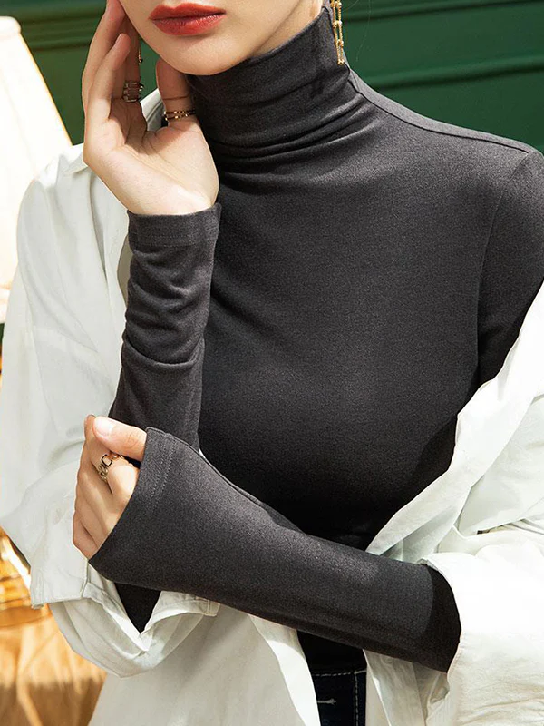 Long Sleeves Plus Size Solid Color Split-Joint High Neck T-Shirts Tops - Image 14