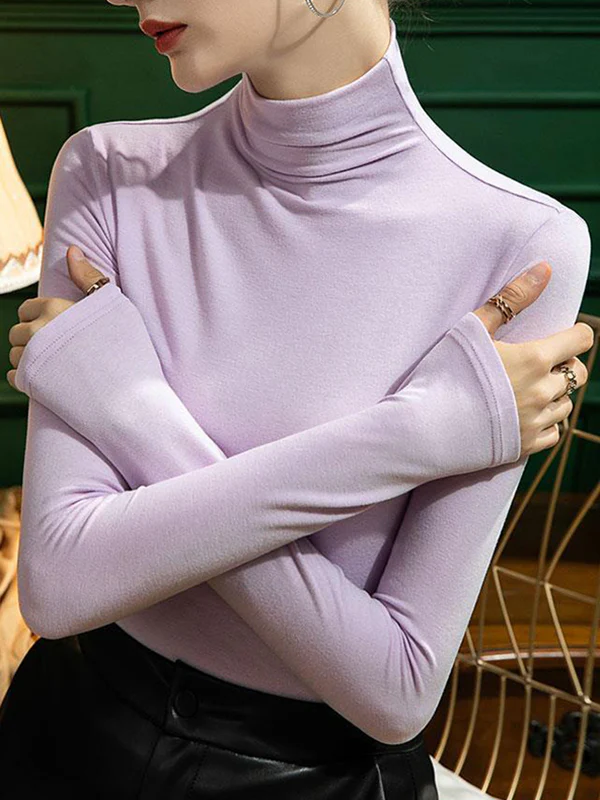 Long Sleeves Plus Size Solid Color Split-Joint High Neck T-Shirts Tops - Image 15