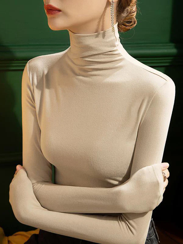 Long Sleeves Plus Size Solid Color Split-Joint High Neck T-Shirts Tops - Image 4