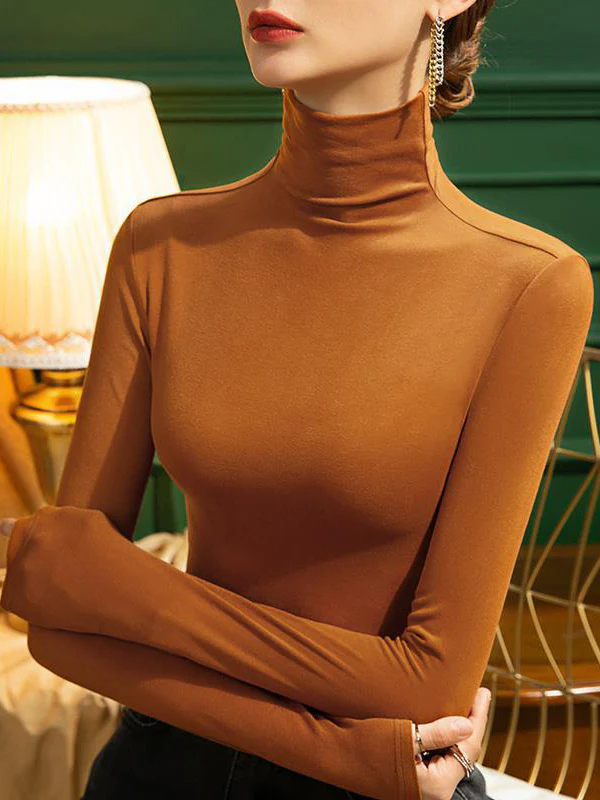 Long Sleeves Plus Size Solid Color Split-Joint High Neck T-Shirts Tops - Image 5