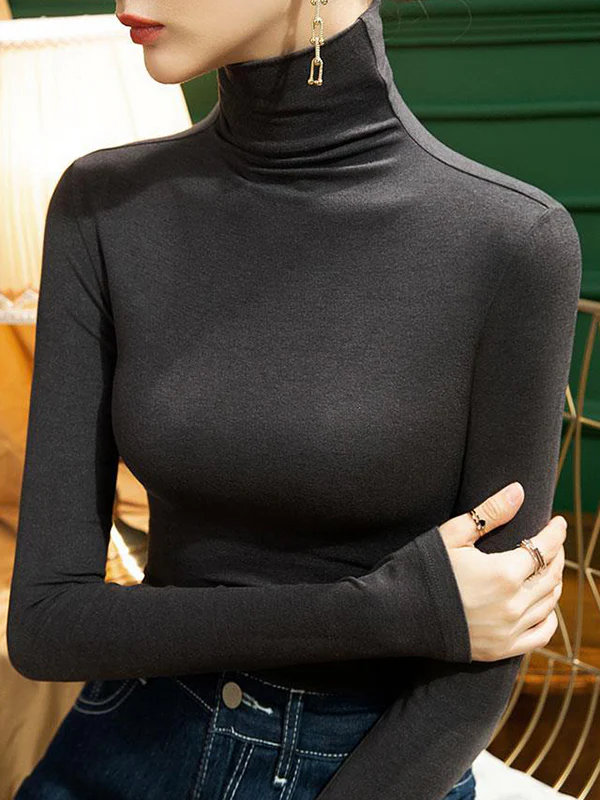 Long Sleeves Plus Size Solid Color Split-Joint High Neck T-Shirts Tops - Image 6
