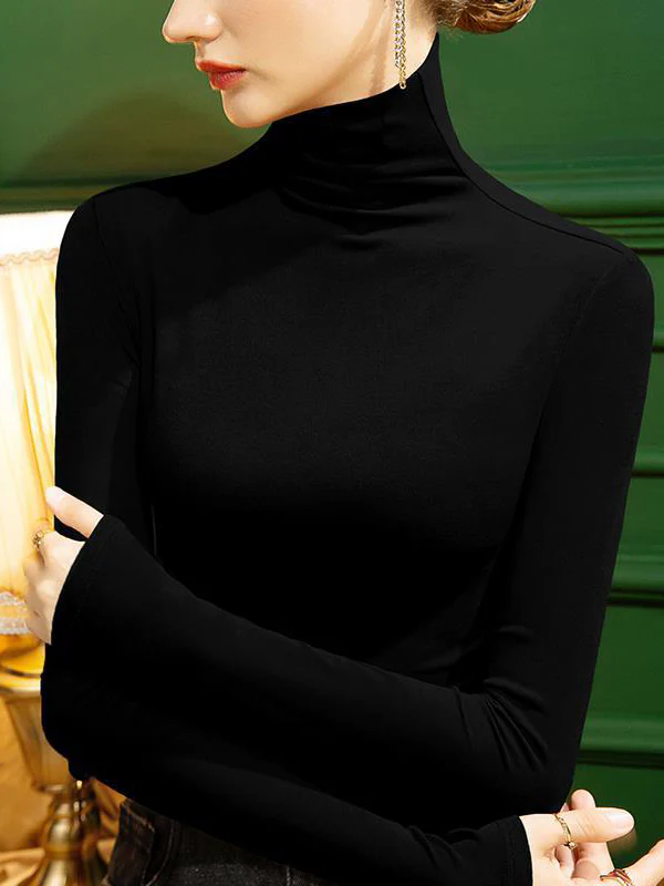 Long Sleeves Plus Size Solid Color Split-Joint High Neck T-Shirts Tops - Image 7