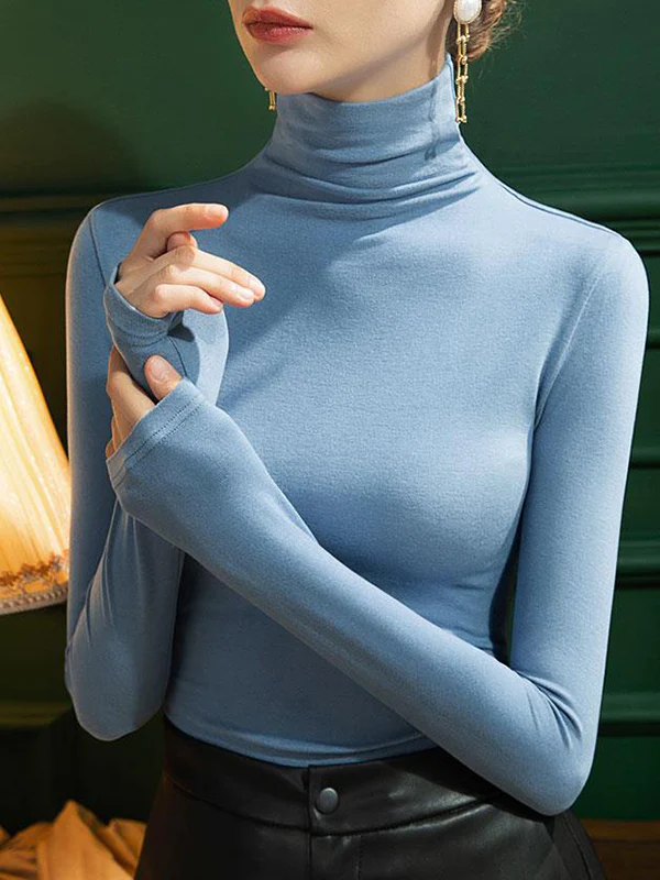 Long Sleeves Plus Size Solid Color Split-Joint High Neck T-Shirts Tops - Image 8
