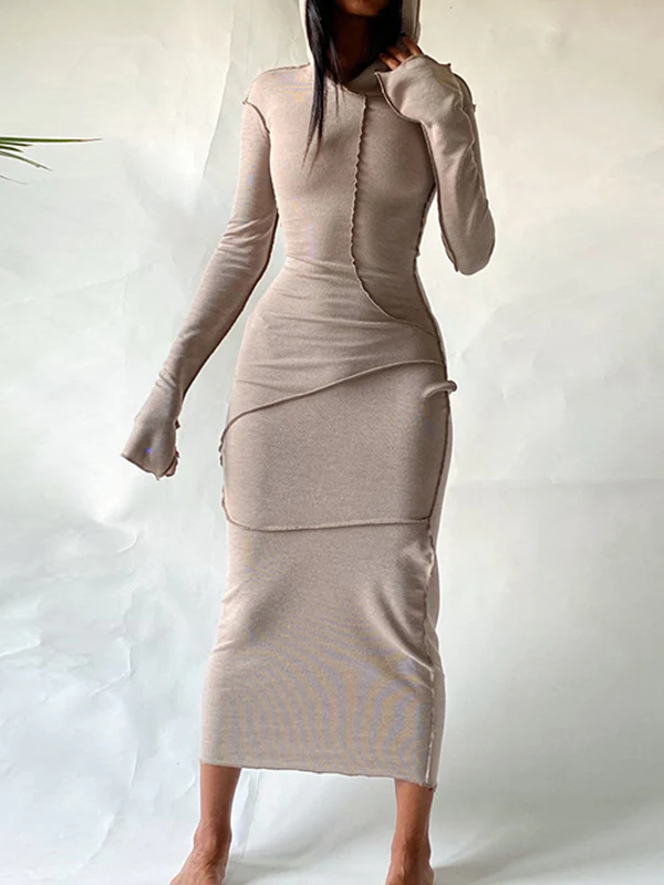 Long Sleeves Plus Size Solid Color Split-Joint Hooded Maxi Dresses - Image 10