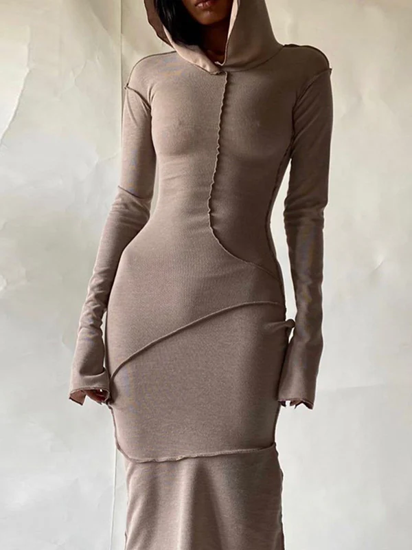 Long Sleeves Plus Size Solid Color Split-Joint Hooded Maxi Dresses - Image 11