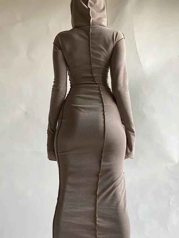 Long Sleeves Plus Size Solid Color Split-Joint Hooded Maxi Dresses - Image 12