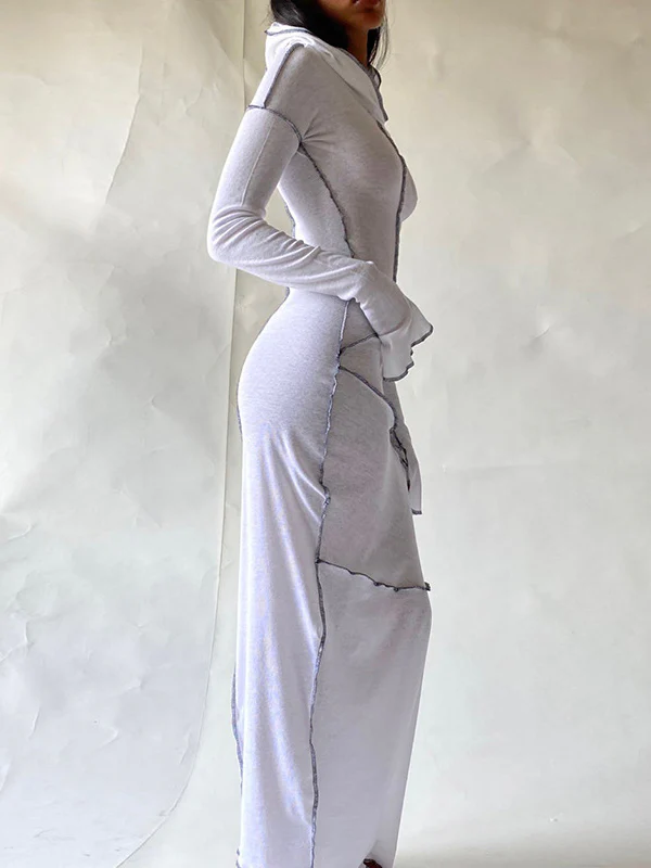 Long Sleeves Plus Size Solid Color Split-Joint Hooded Maxi Dresses - Image 3