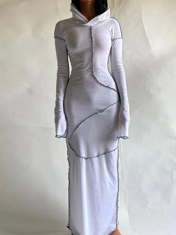 Long Sleeves Plus Size Solid Color Split-Joint Hooded Maxi Dresses - Image 4
